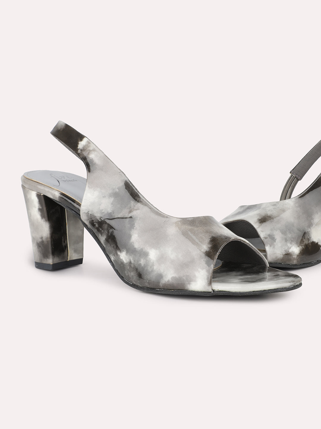 Women Grey & Black-Toned Printed Open Toe Block Heels