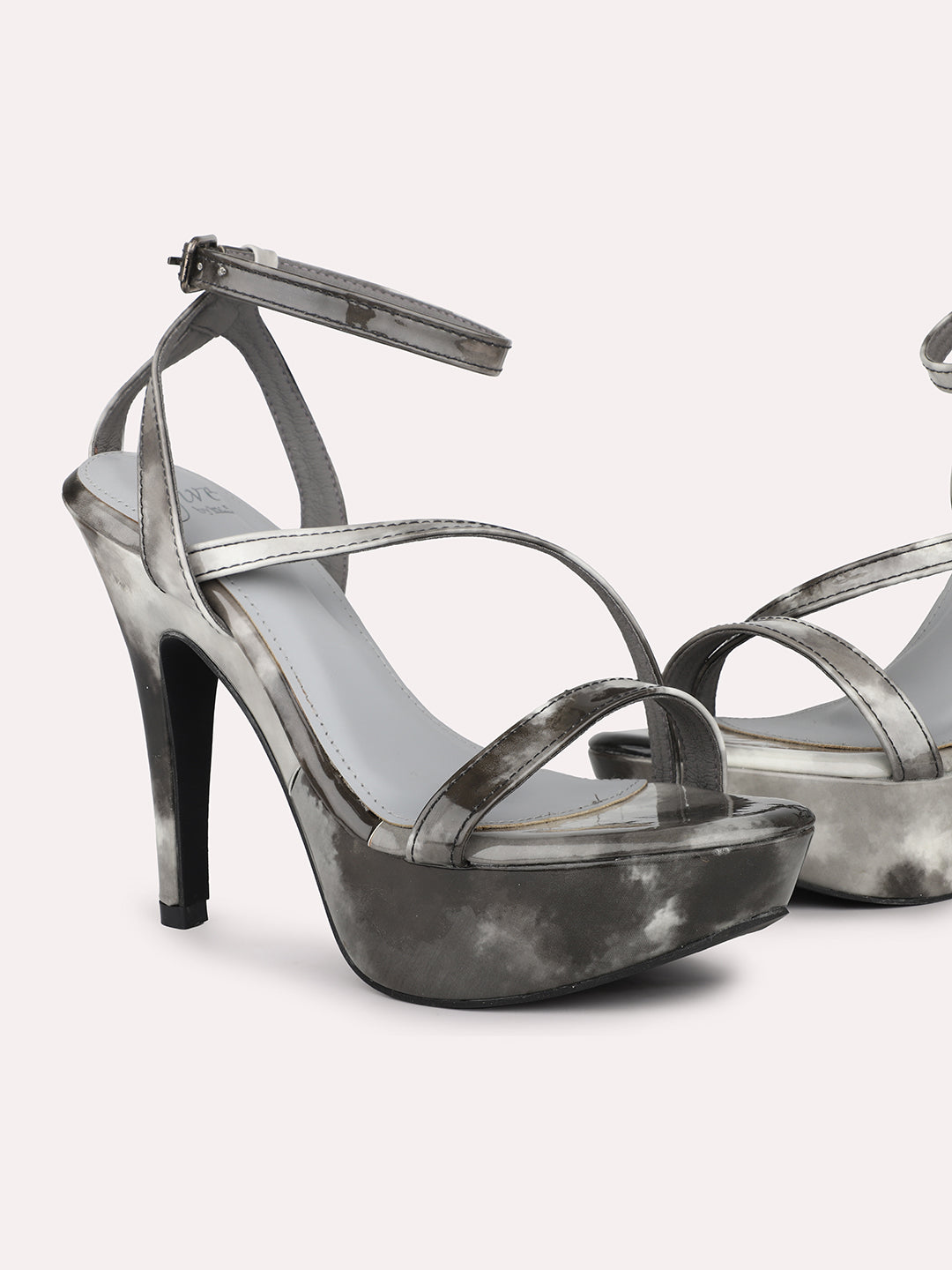 Women Grey Printed Stiletto Heels with Buckles