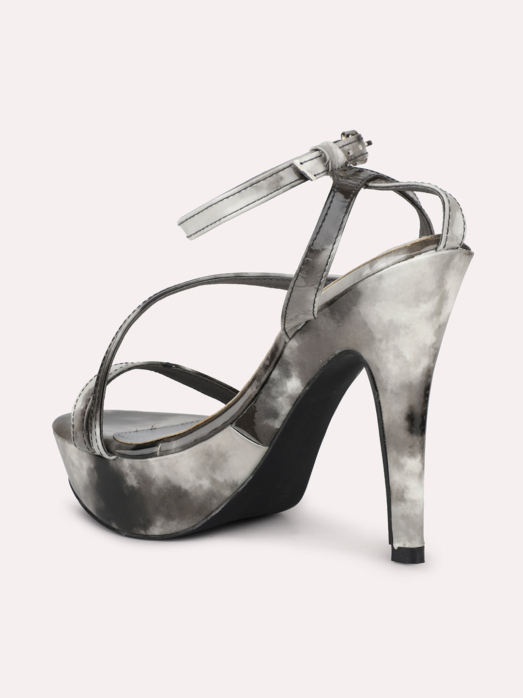 Women Grey Printed Stiletto Heels with Buckles