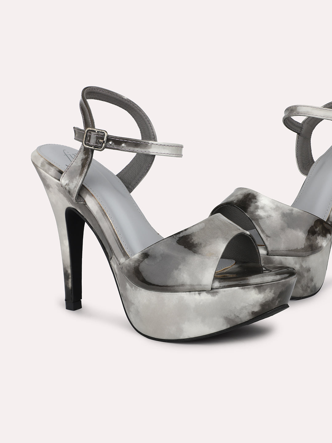 Women Grey & Black-Toned Printed Stiletto Heels With Buckle Details