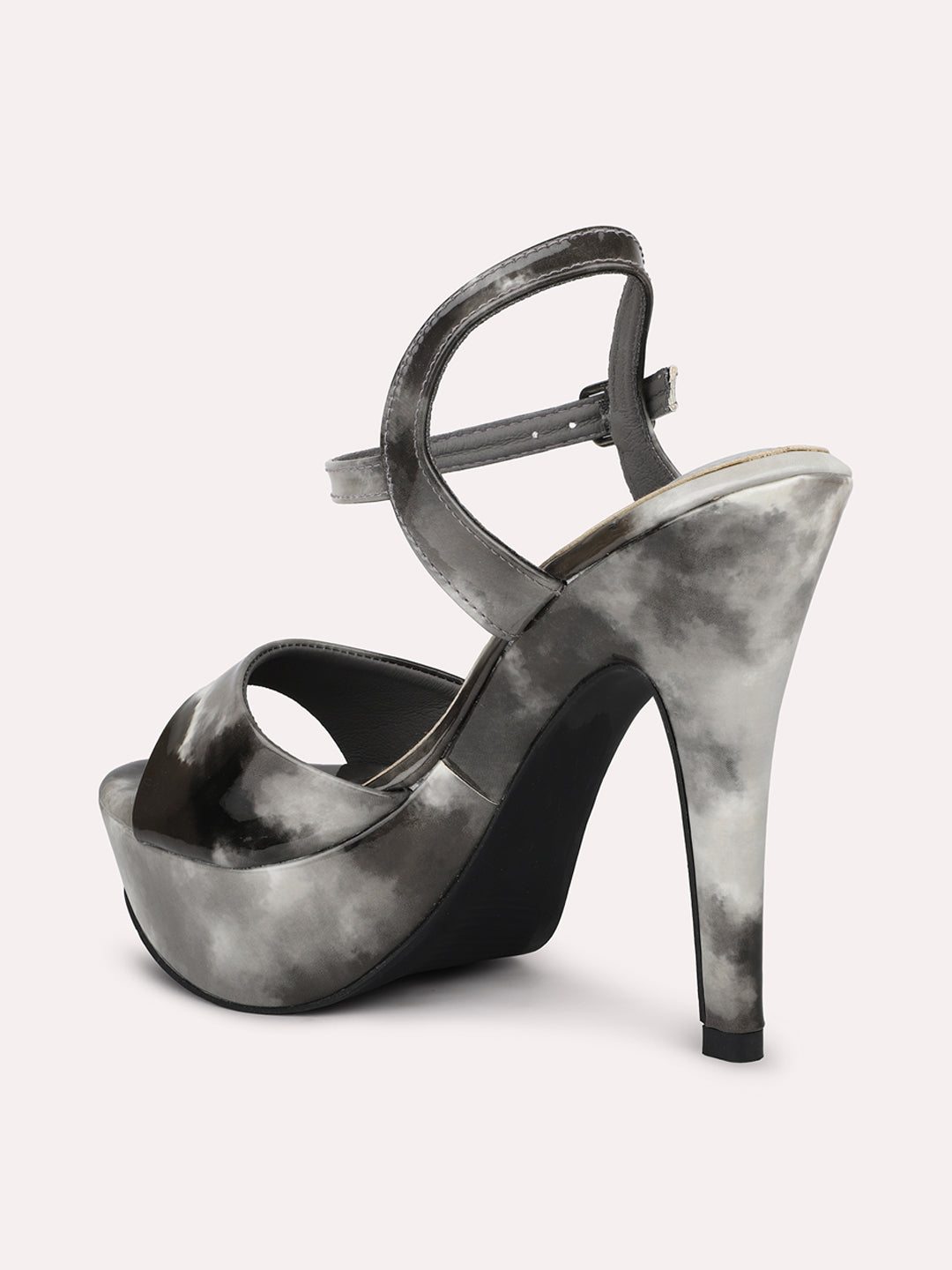 Women Grey & Black-Toned Printed Stiletto Heels With Buckle Details