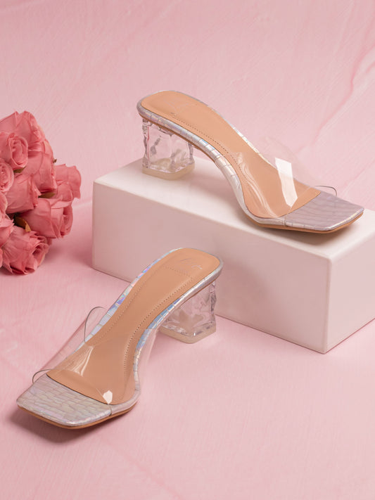 Women Silver Transparent Textured Block Heels