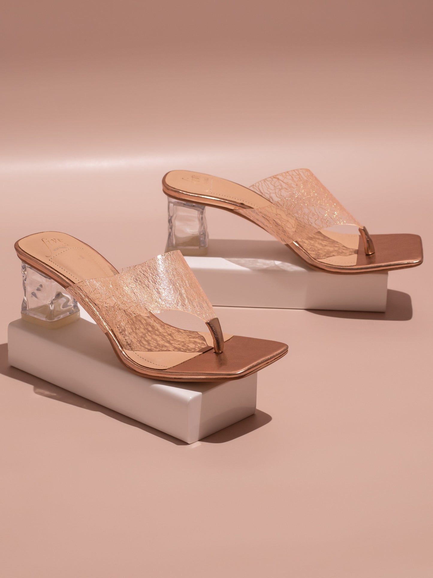 Women Rose Gold-Toned Transparent Open Toe Block Heels