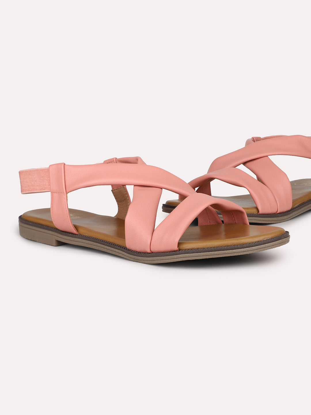 Women Peach Strappy Open Toe Flats