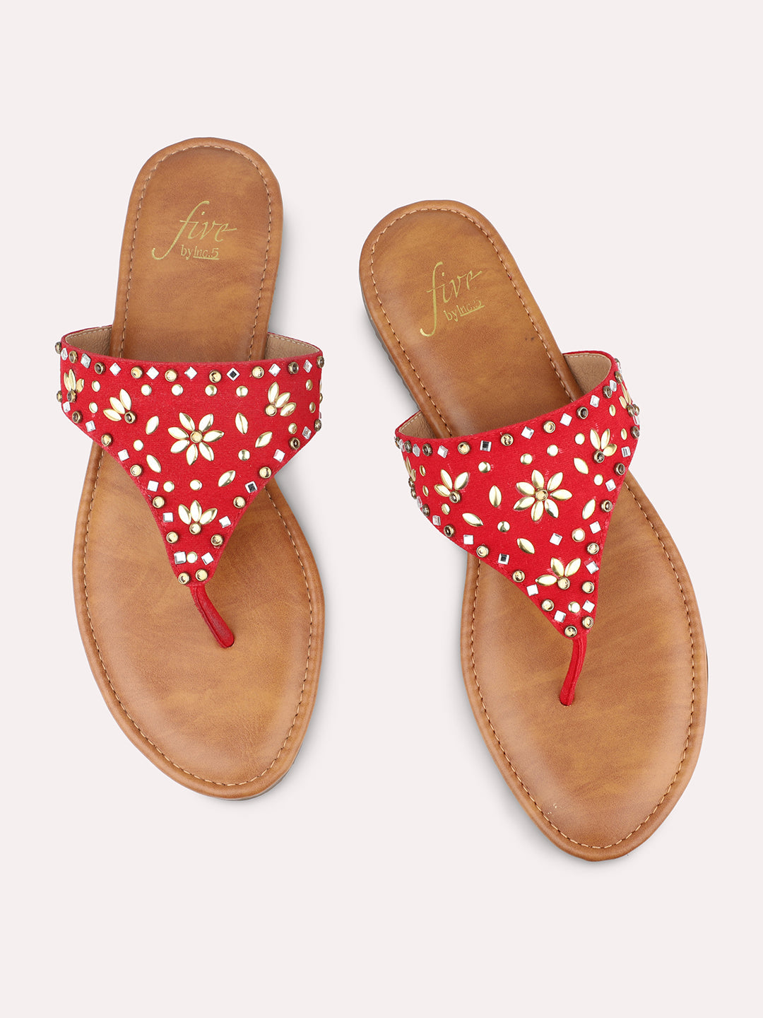 Women Red And Gold-Toned Studded Open Toe Flats