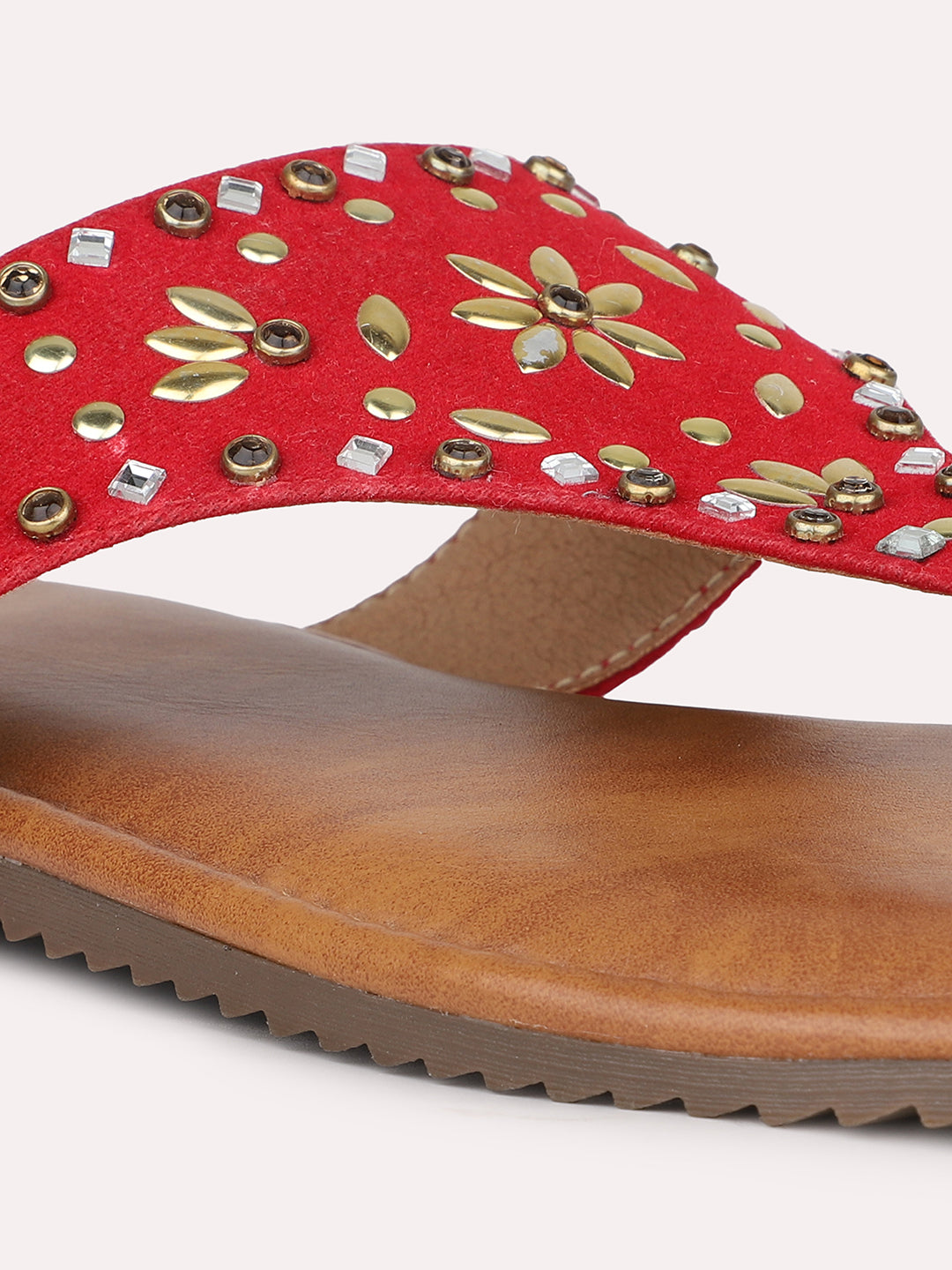 Women Red And Gold-Toned Studded Open Toe Flats