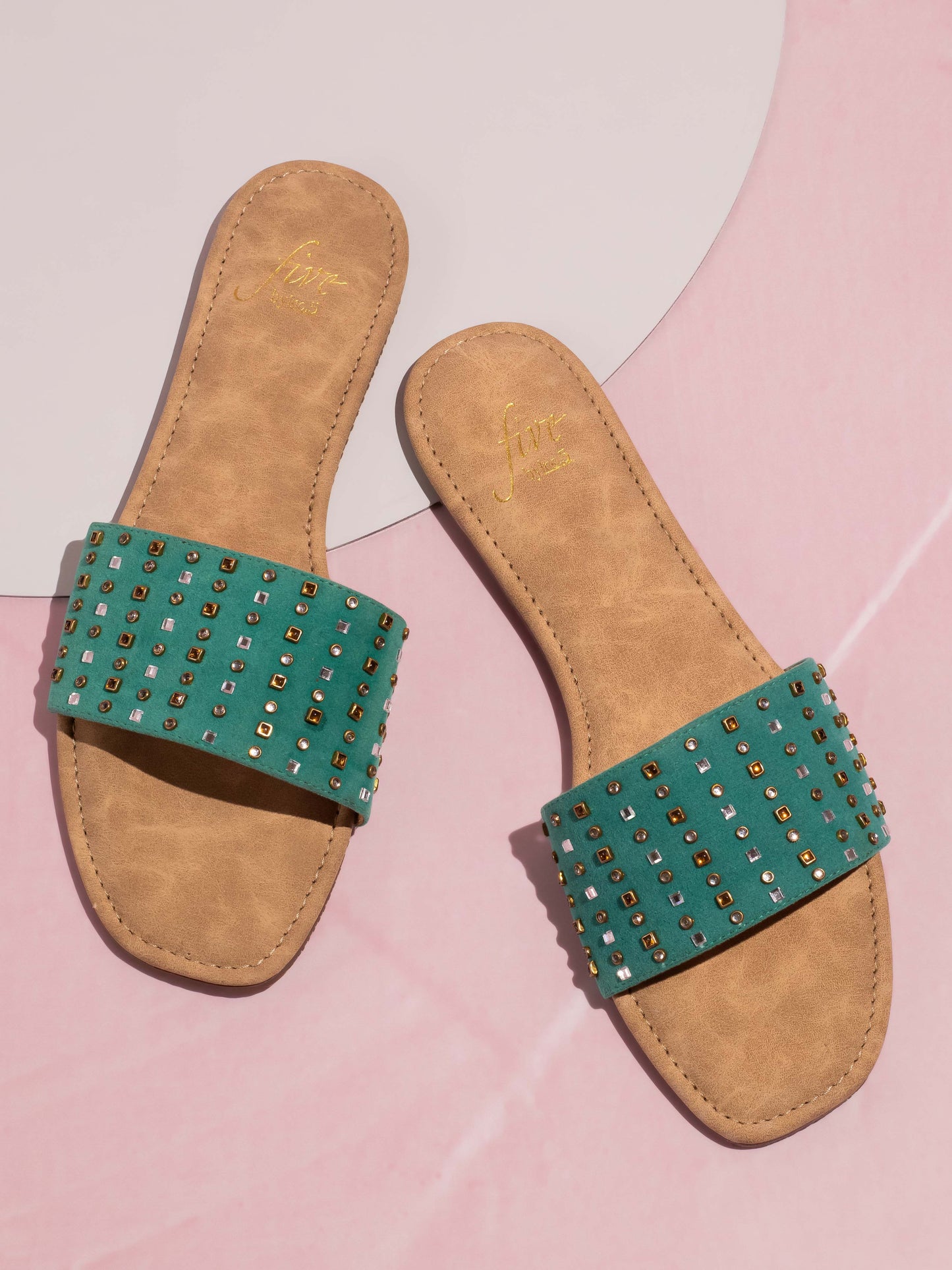 Women Pista And Gold-Toned Studded Open Toe Flats