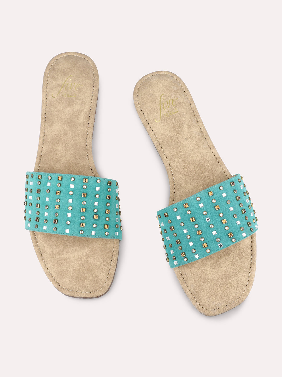 Women Pista And Gold-Toned Studded Open Toe Flats