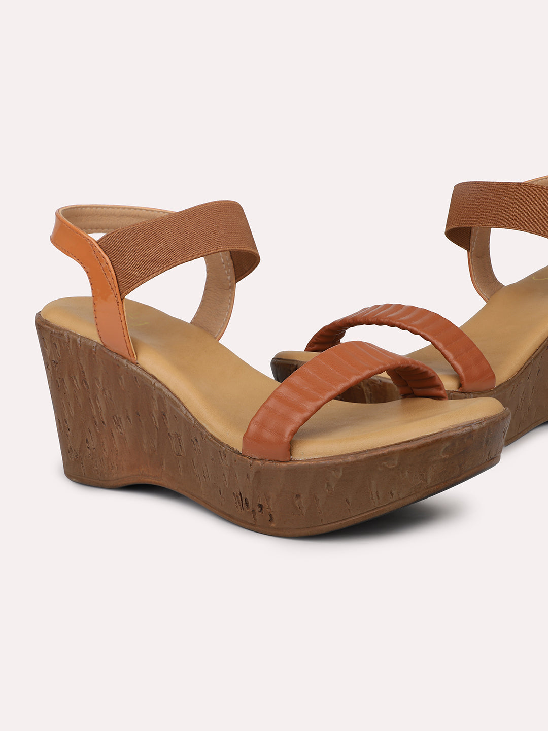 Women Tan Textured Open Toe Solid Wedge Heels With Backstrap