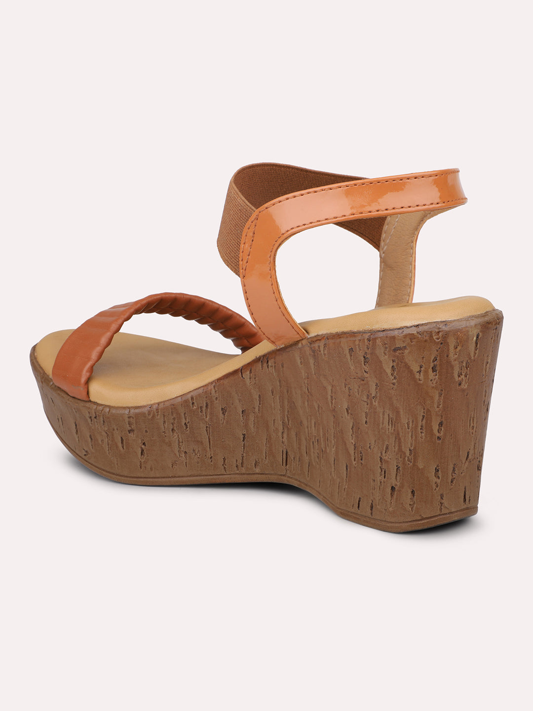 Women Tan Textured Open Toe Solid Wedge Heels With Backstrap