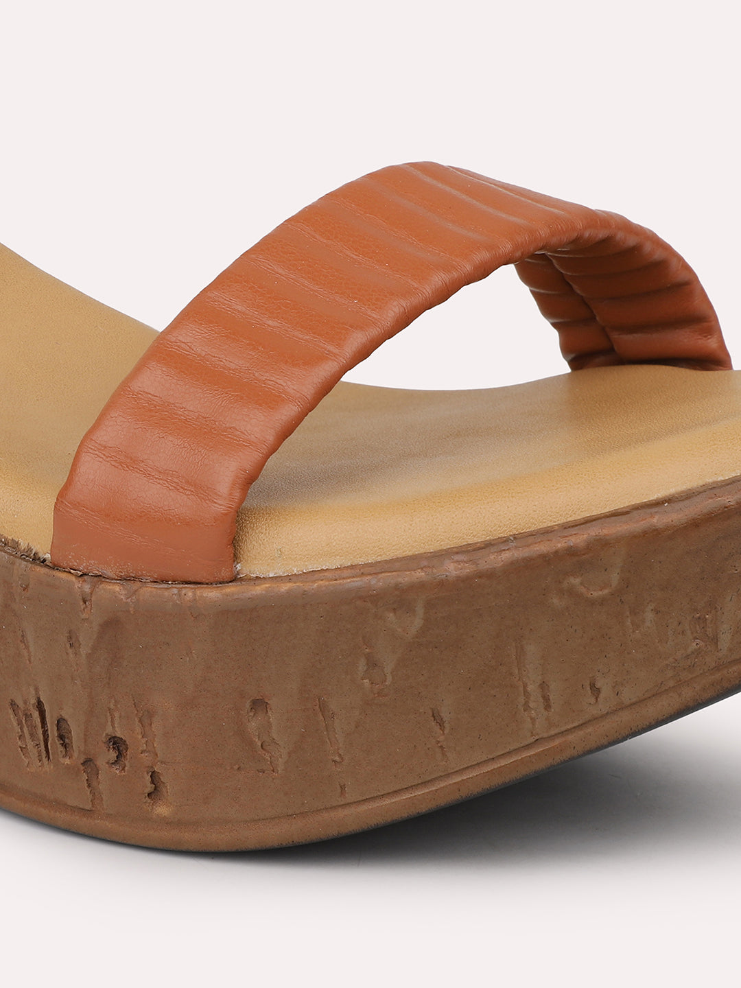 Women Tan Textured Open Toe Solid Wedge Heels With Backstrap