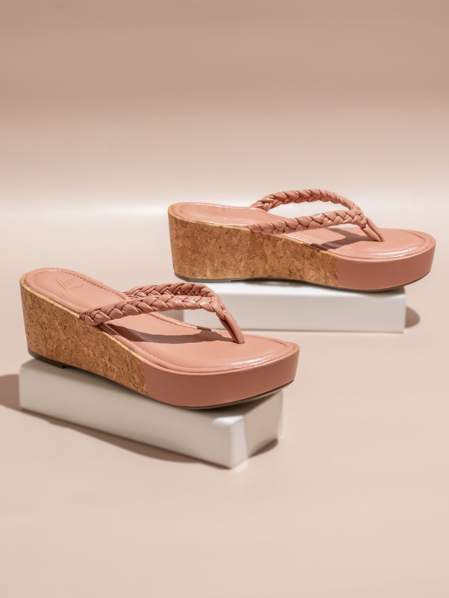 Women Peach Textured Open Toe Cork Finish Wedge Heels