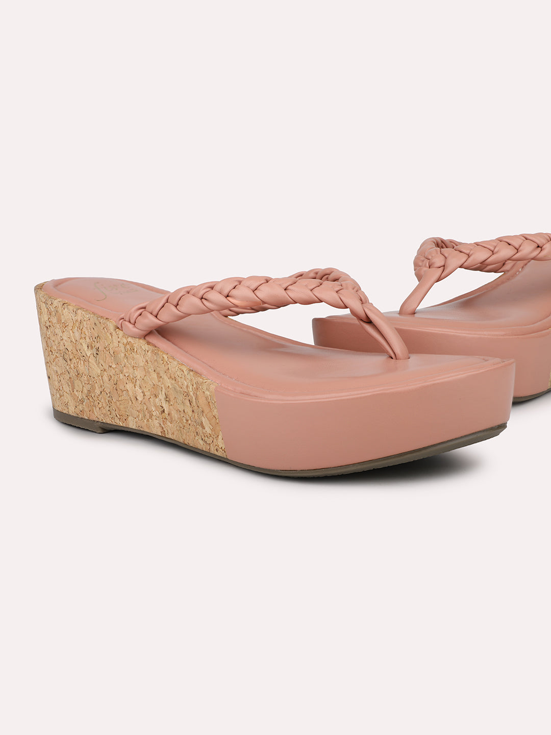 Women Peach Textured Open Toe Cork Finish Wedge Heels