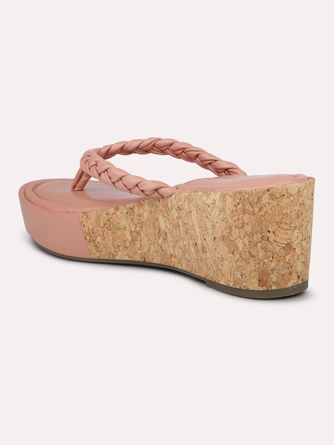 Women Peach Textured Open Toe Cork Finish Wedge Heels