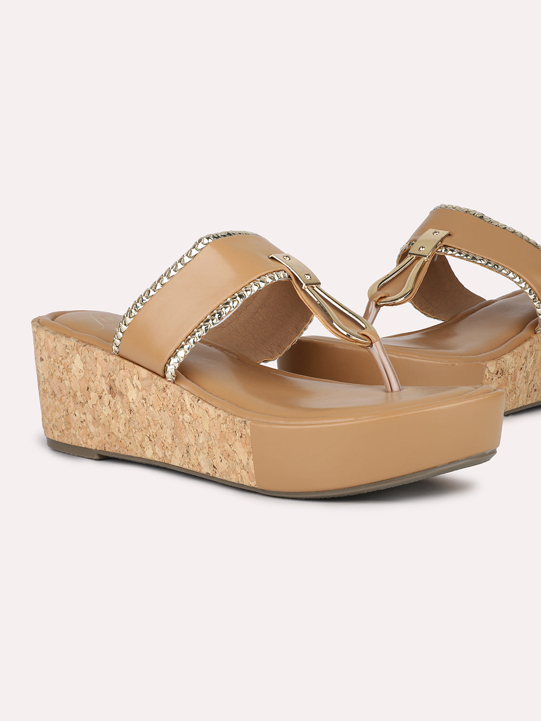 Women Beige Textured Cork Finish Wedge Heels