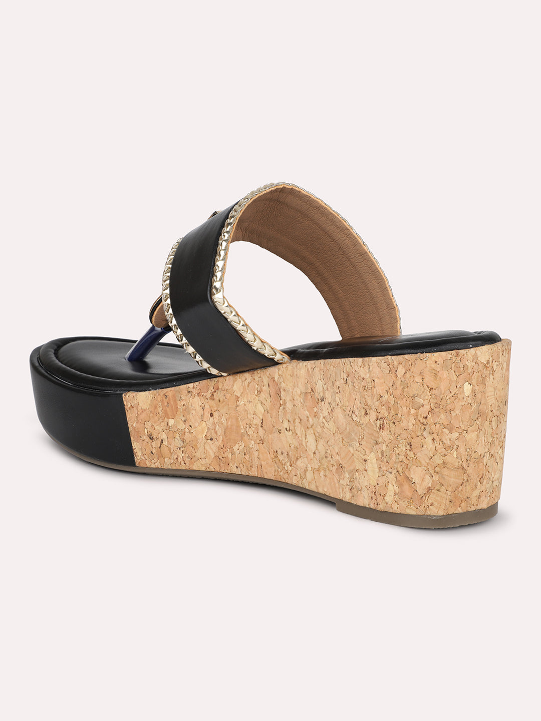 Women Black Textured Cork Finish Wedge Heels