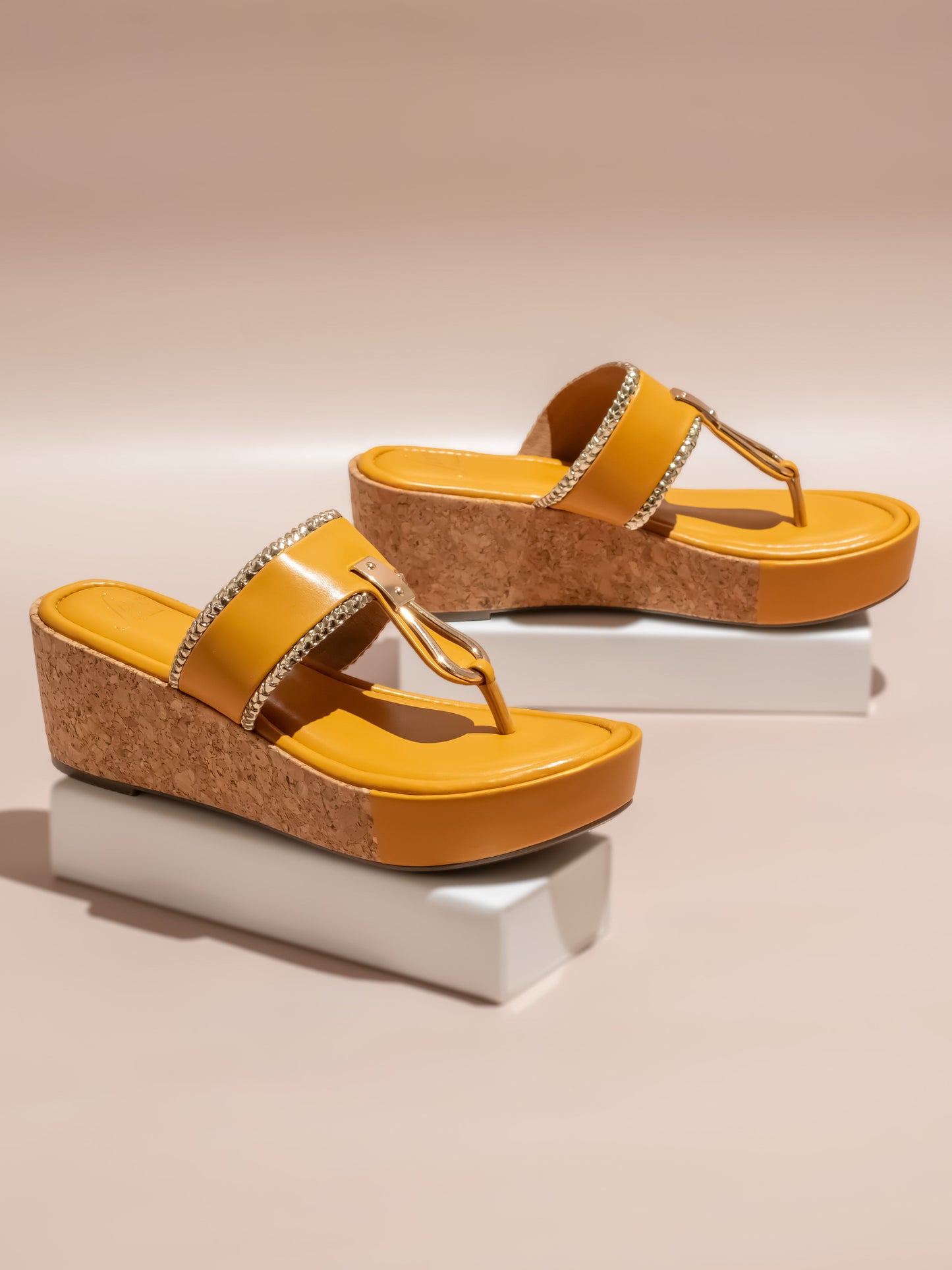 Women Mustard Textured Cork Finish Wedge Heels