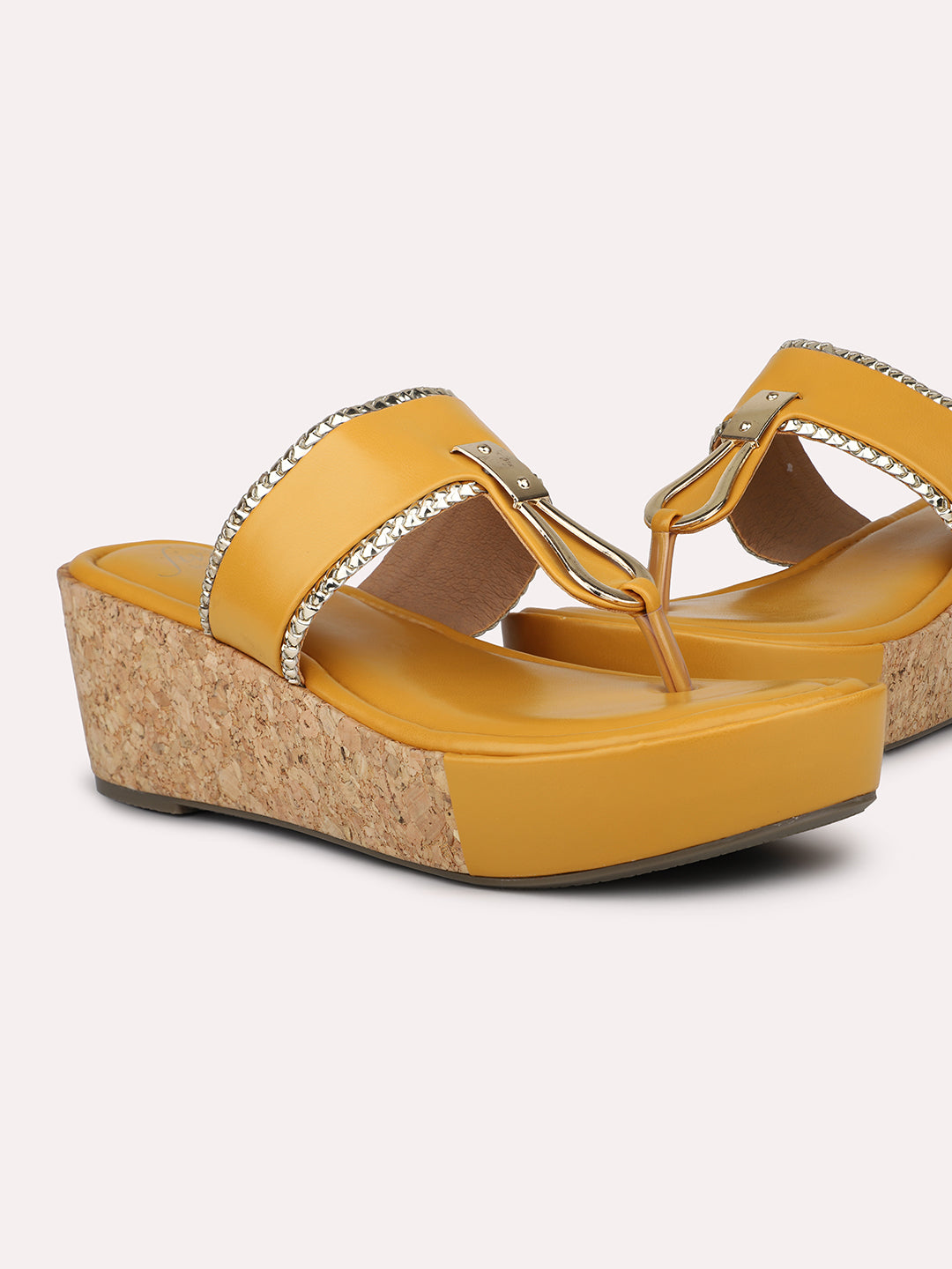 Women Mustard Textured Cork Finish Wedge Heels