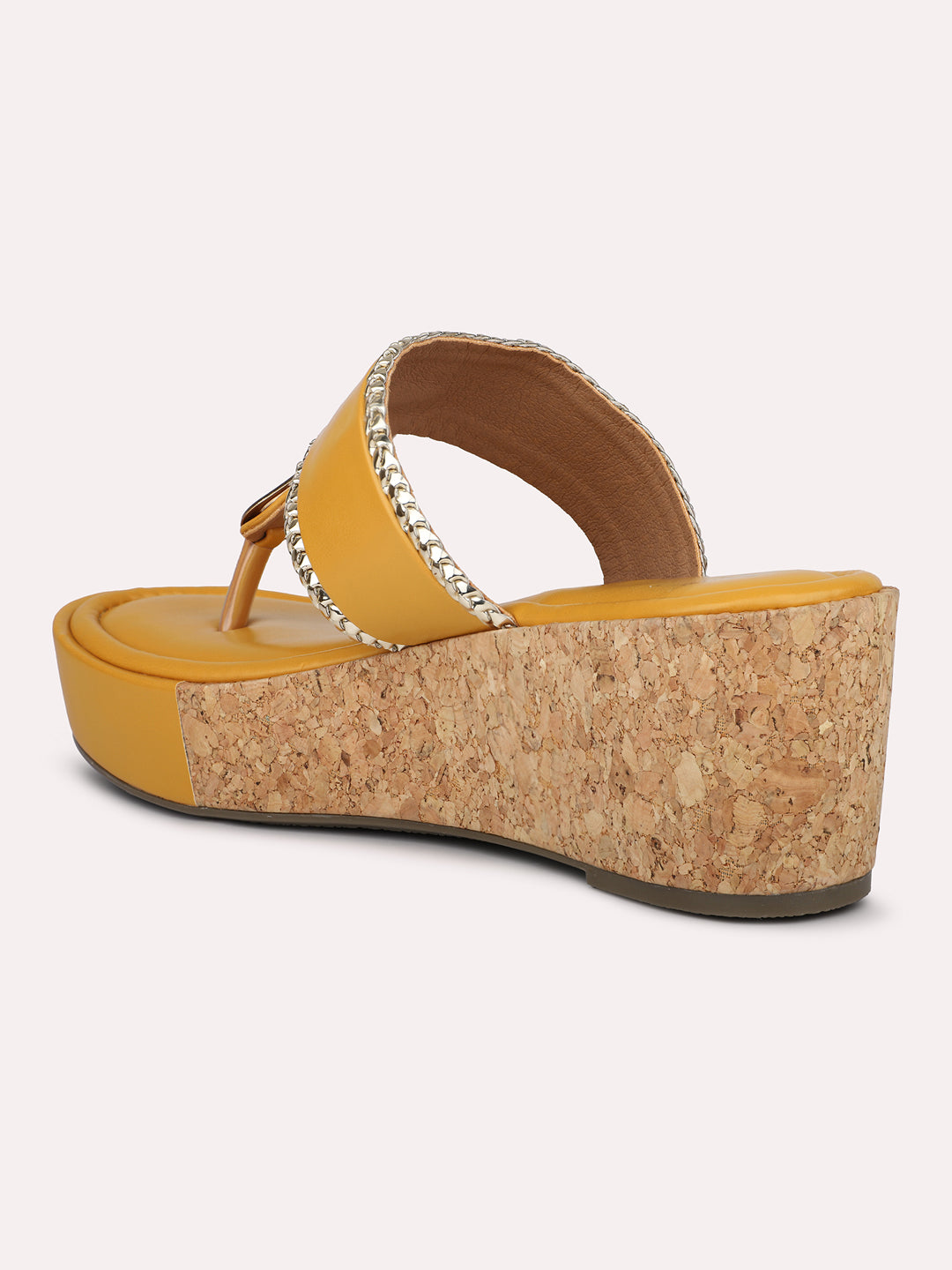 Women Mustard Textured Cork Finish Wedge Heels