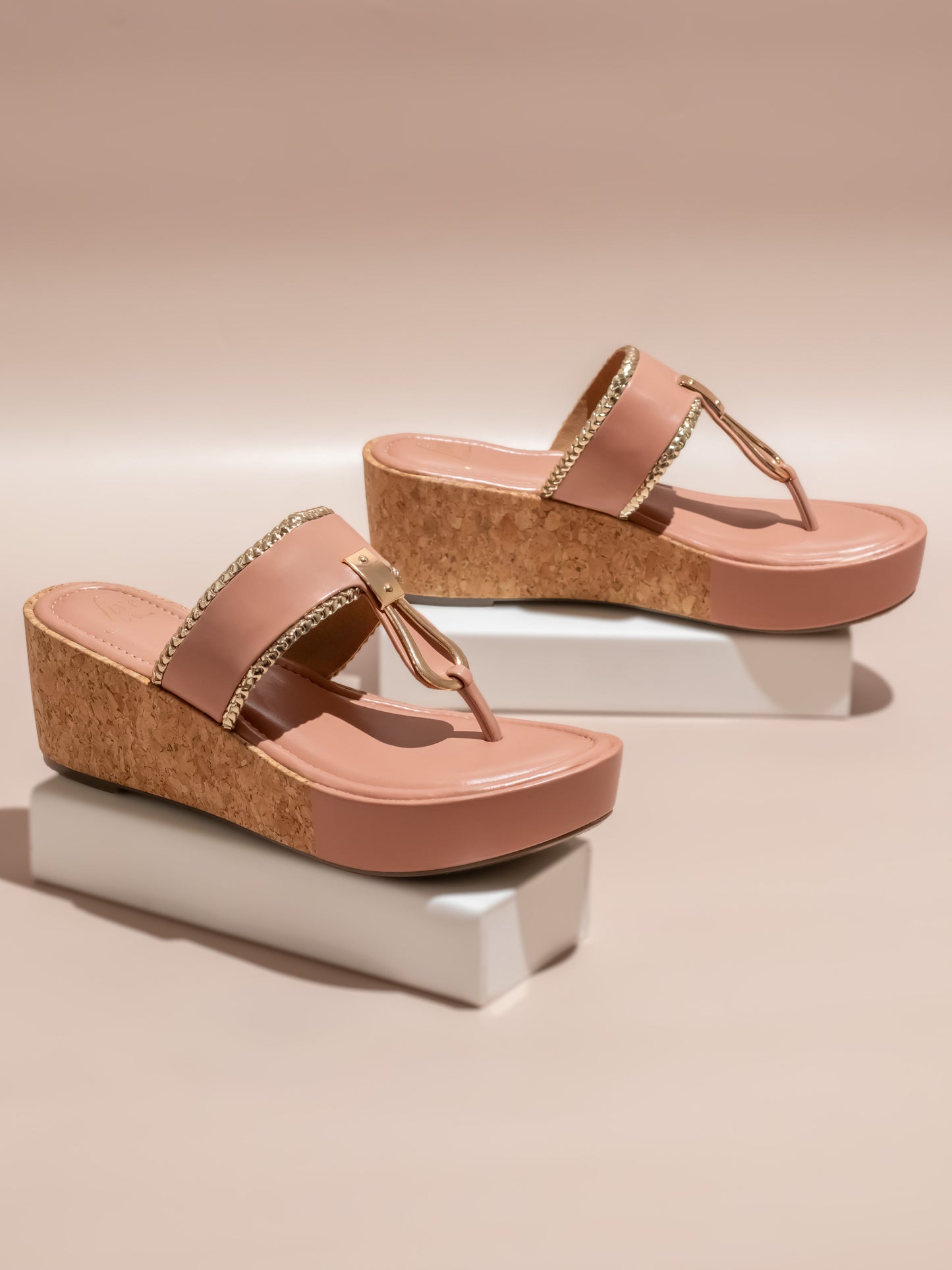 Women Peach Textured Cork Finish Wedge Heels