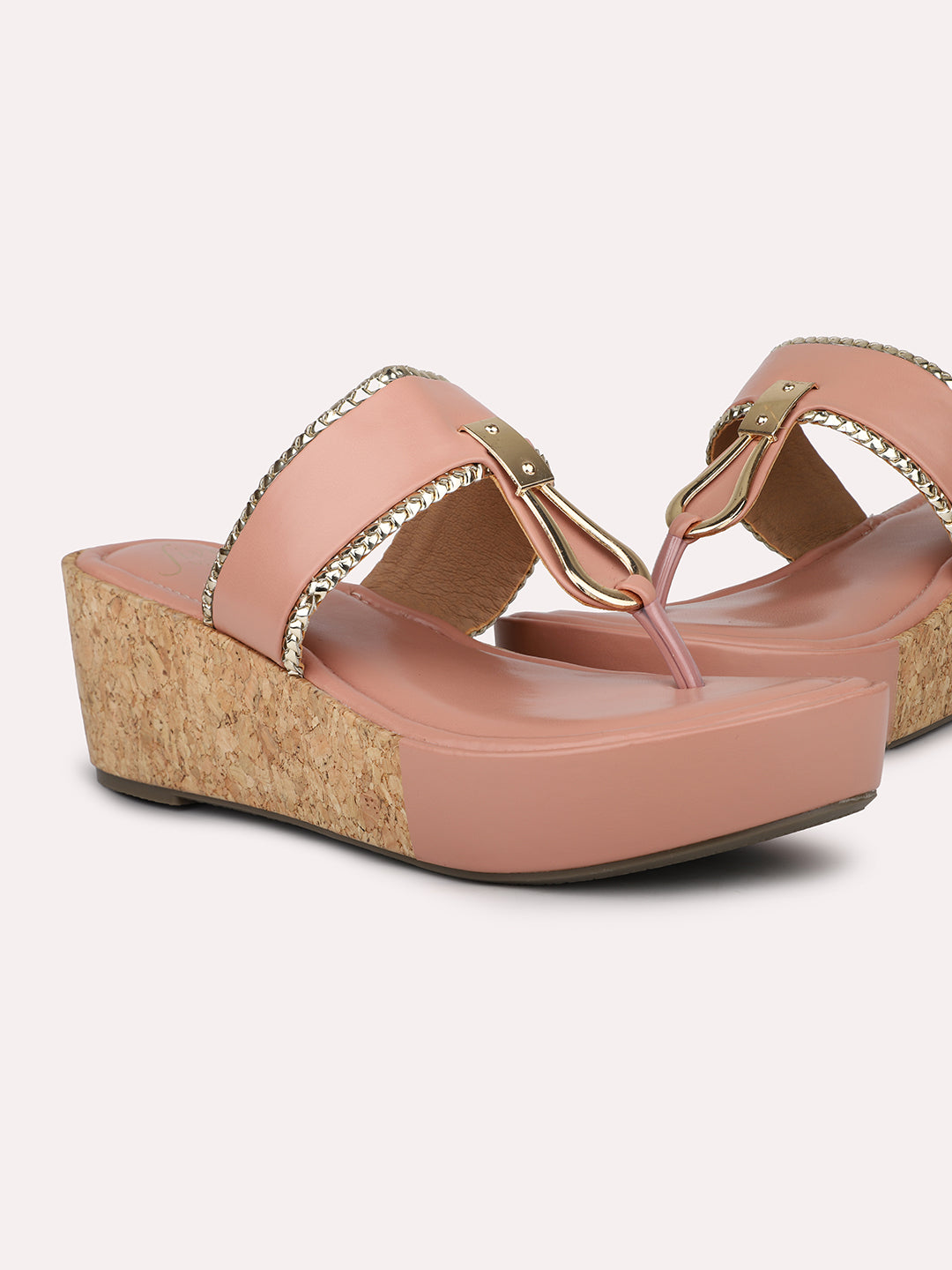 Women Peach Textured Cork Finish Wedge Heels