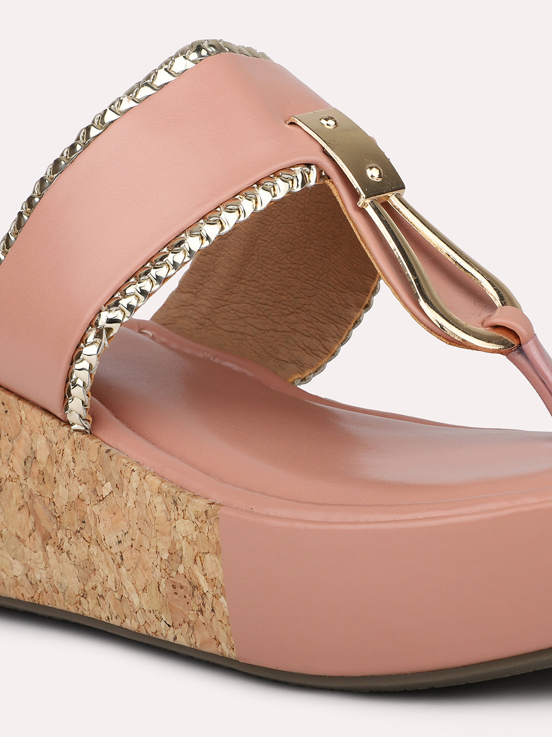 Women Peach Textured Cork Finish Wedge Heels