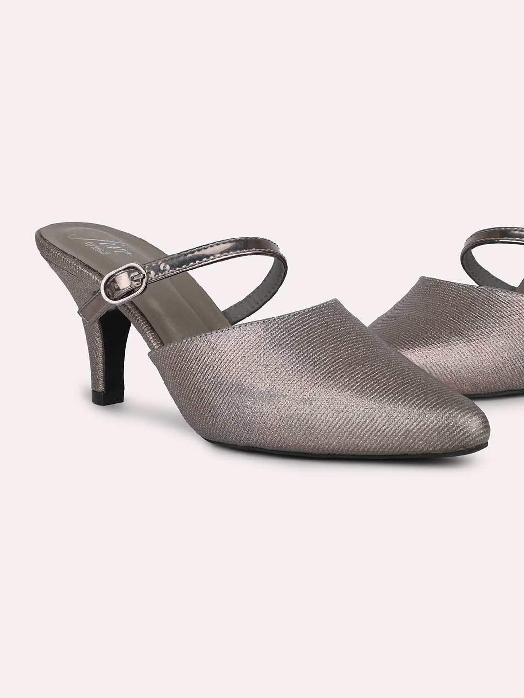 Women Pewter Embellished Party Mules With Buckles Detail