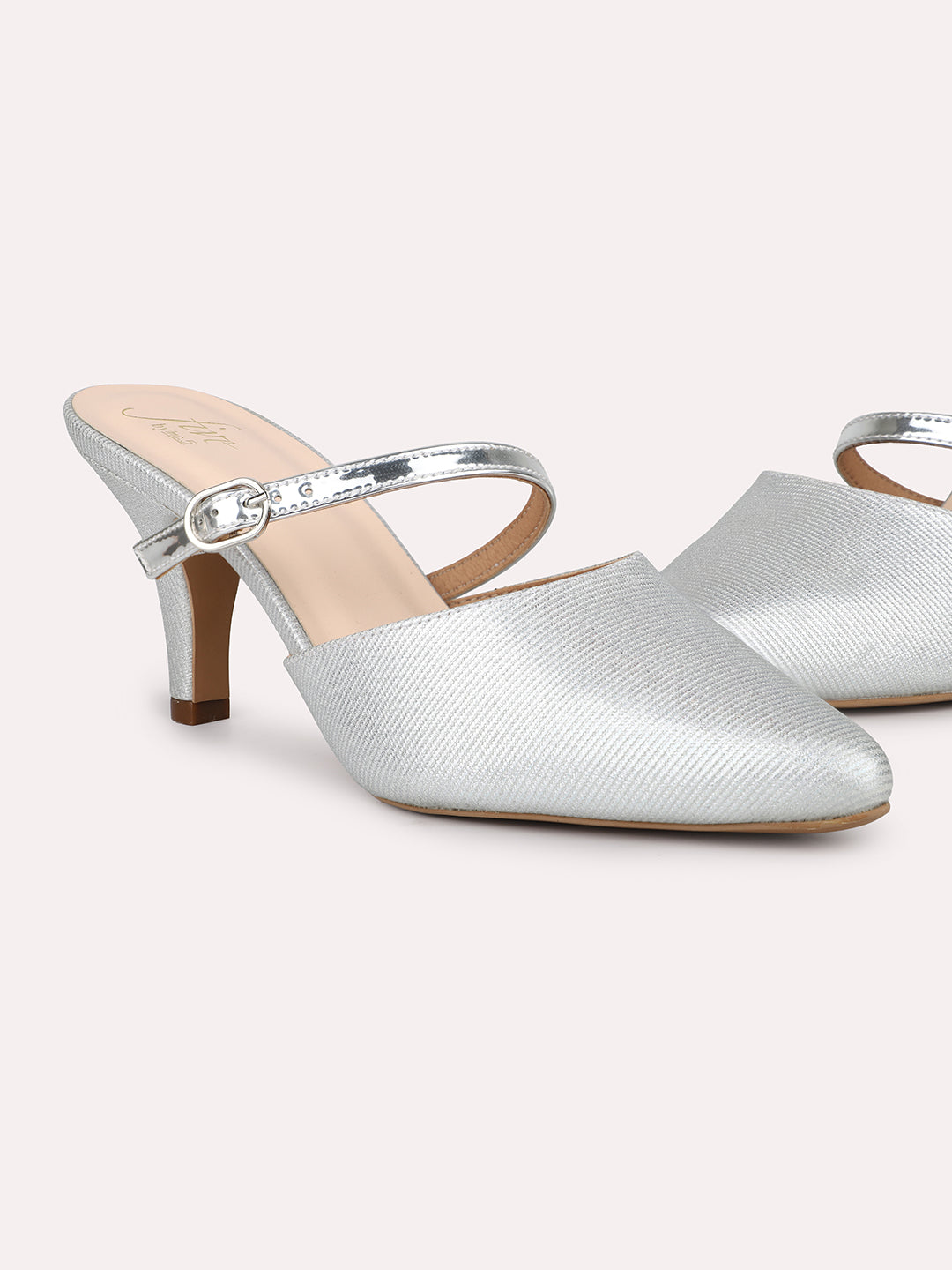 Women Silver Embellished Party Mules With Buckles Detail