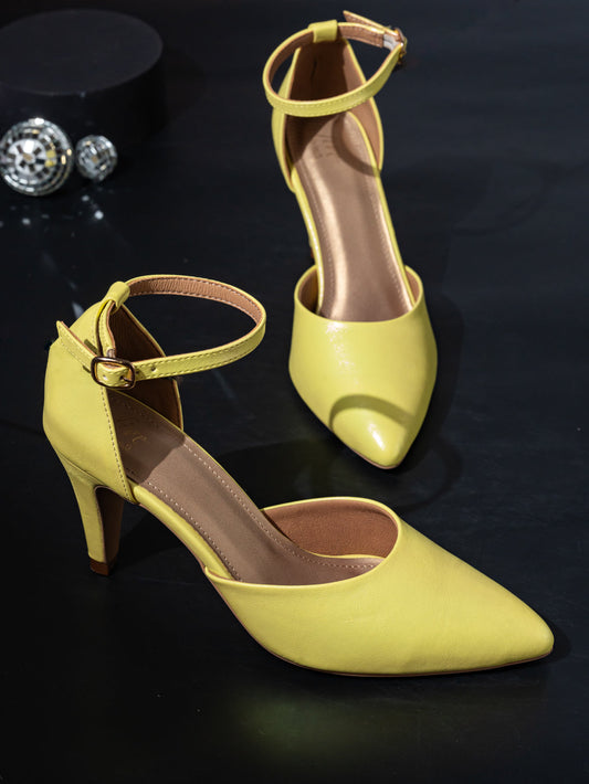 Women Yellow Pointed Toe Slim Heels With Ankle Loop