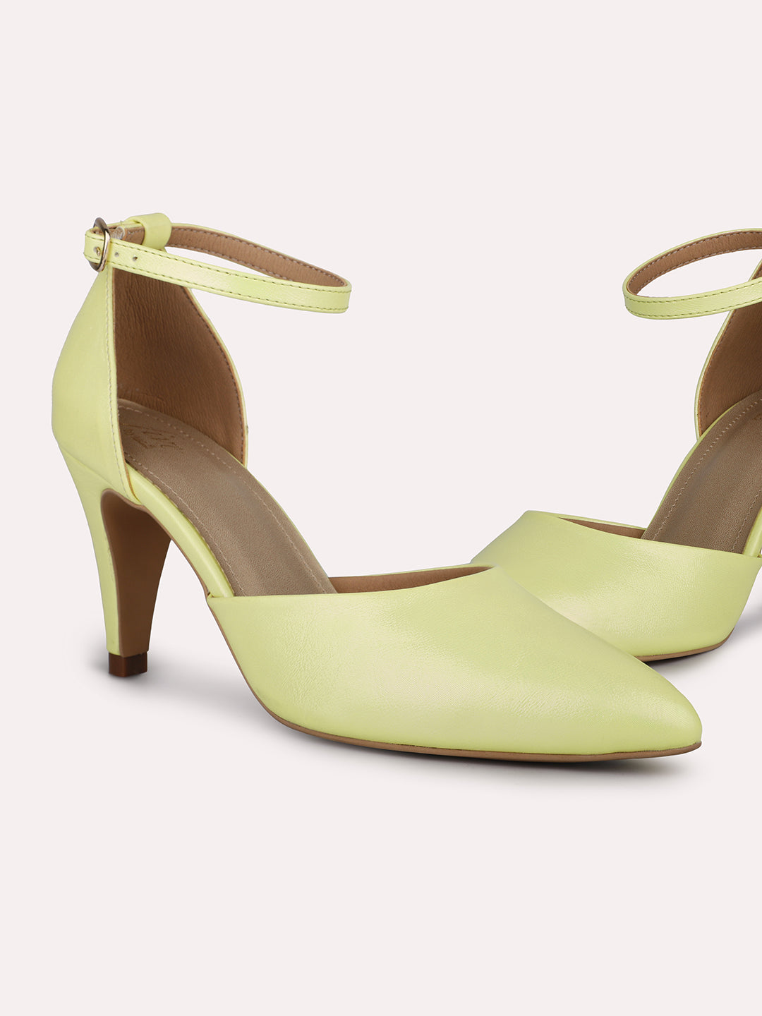 Women Yellow Pointed Toe Slim Heels With Ankle Loop