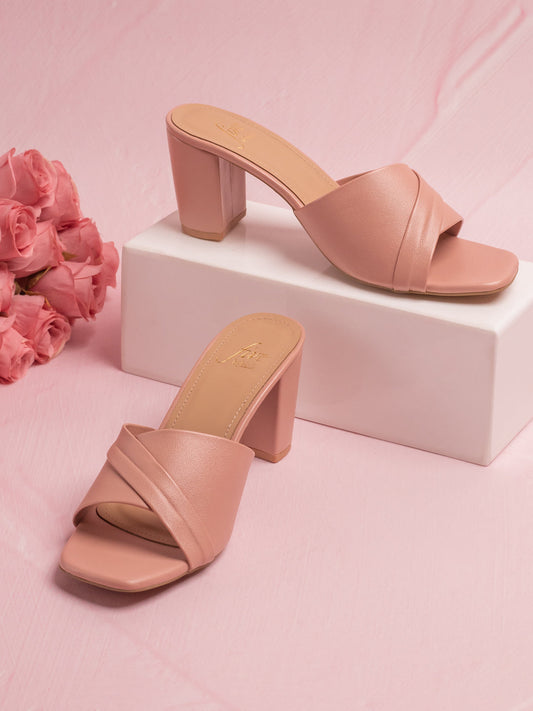 Women Peach Solid Open Toe Block Heels