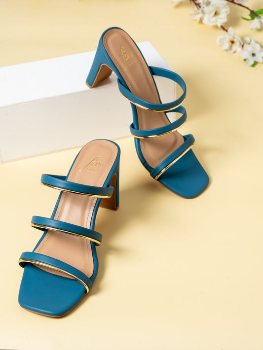 Women Blue & Gold-Toned Striped Open Toe Block Heels