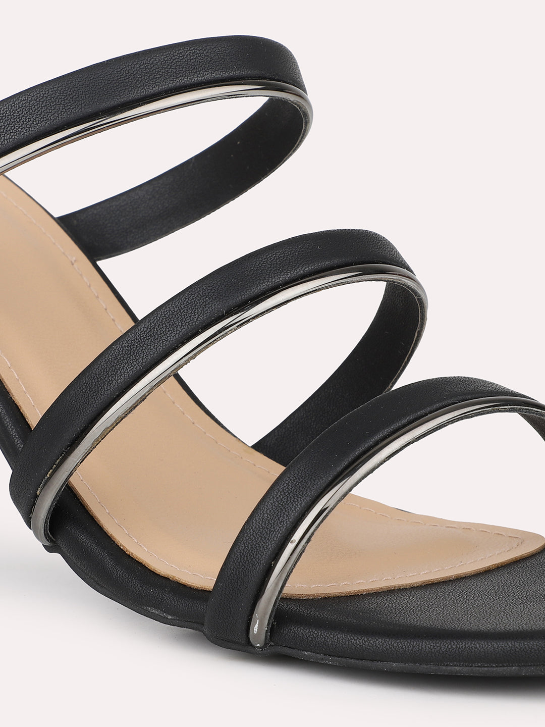 Women Black & Pewter-Toned Striped Open Toe Block Heels