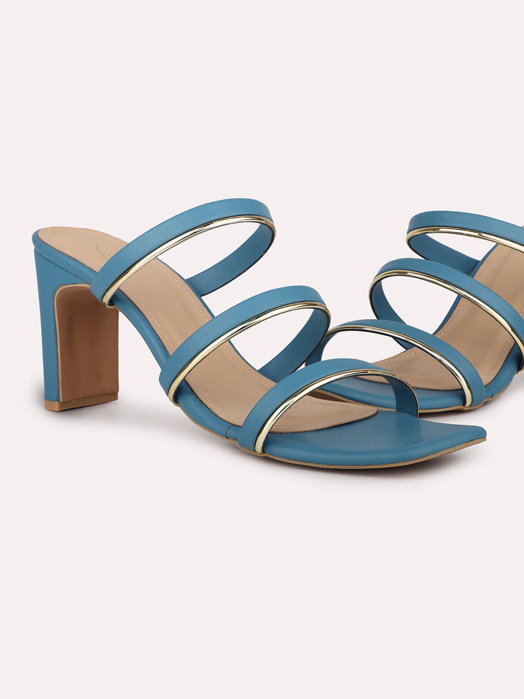 Women Blue & Gold-Toned Striped Open Toe Block Heels