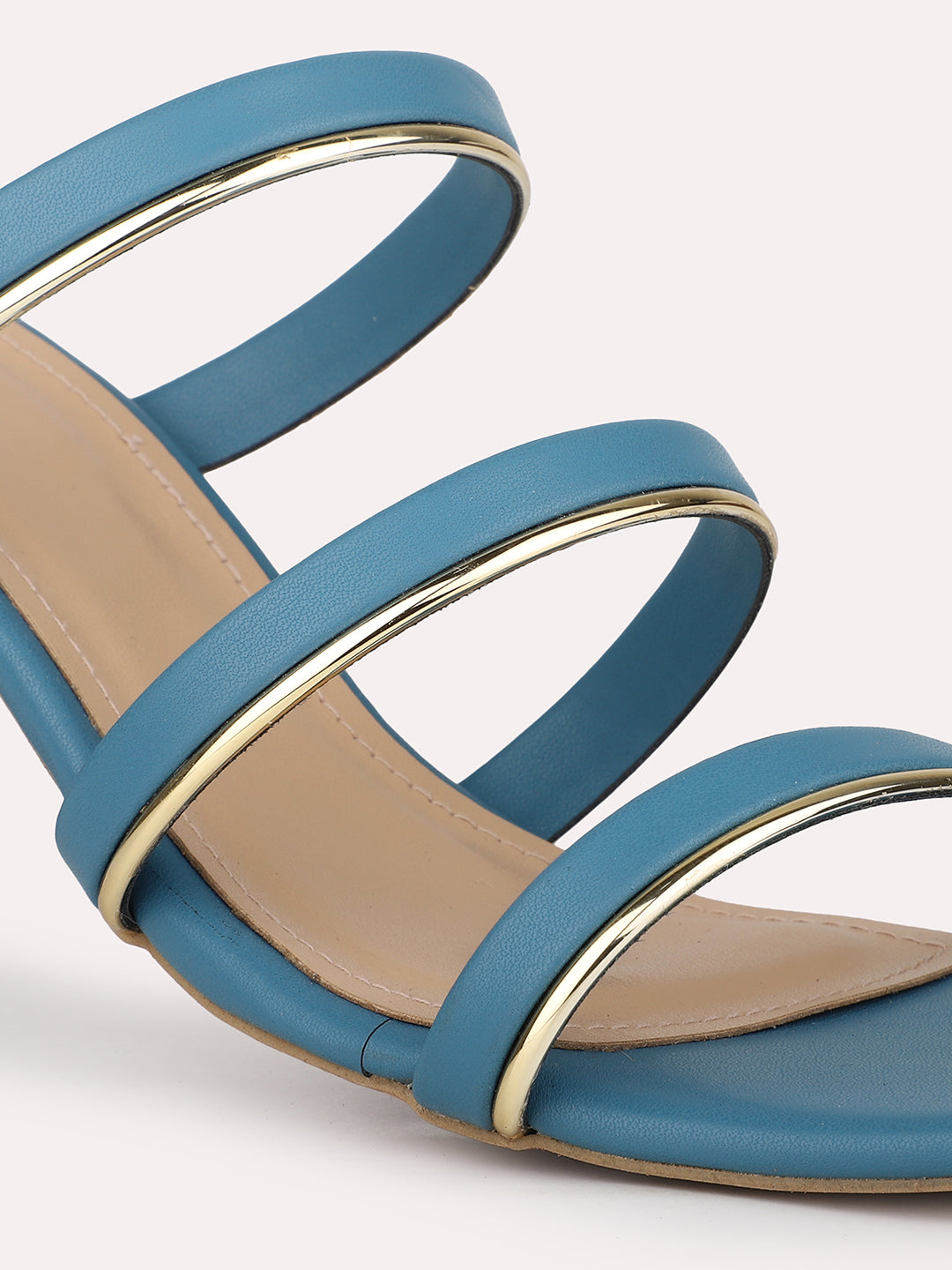 Women Blue & Gold-Toned Striped Open Toe Block Heels