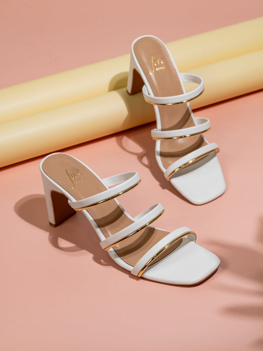 Women White & Gold-Toned Striped Open Toe Block Heels