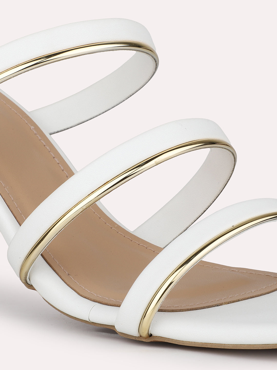 Women White & Gold-Toned Striped Open Toe Block Heels