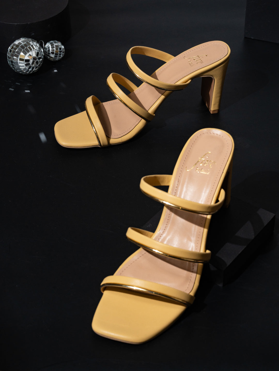 Women Yellow & Gold-Toned Striped Open Toe Block Heels