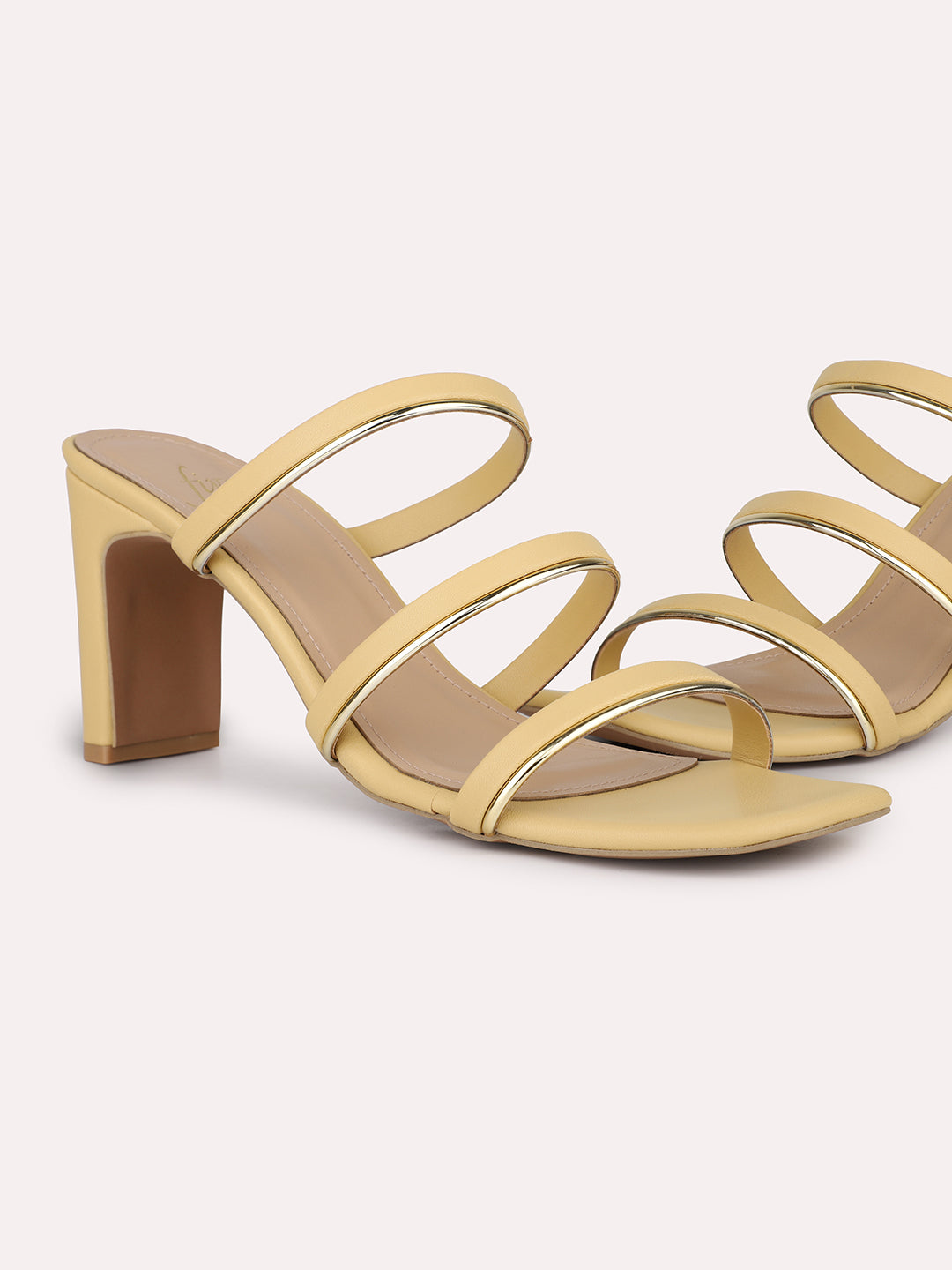 Women Yellow & Gold-Toned Striped Open Toe Block Heels