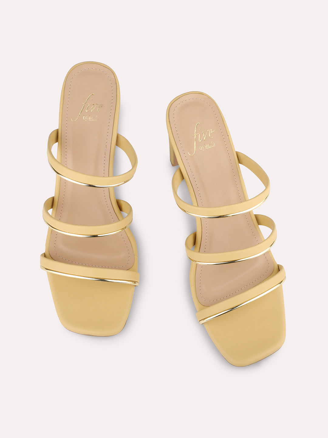 Women Yellow & Gold-Toned Striped Open Toe Block Heels