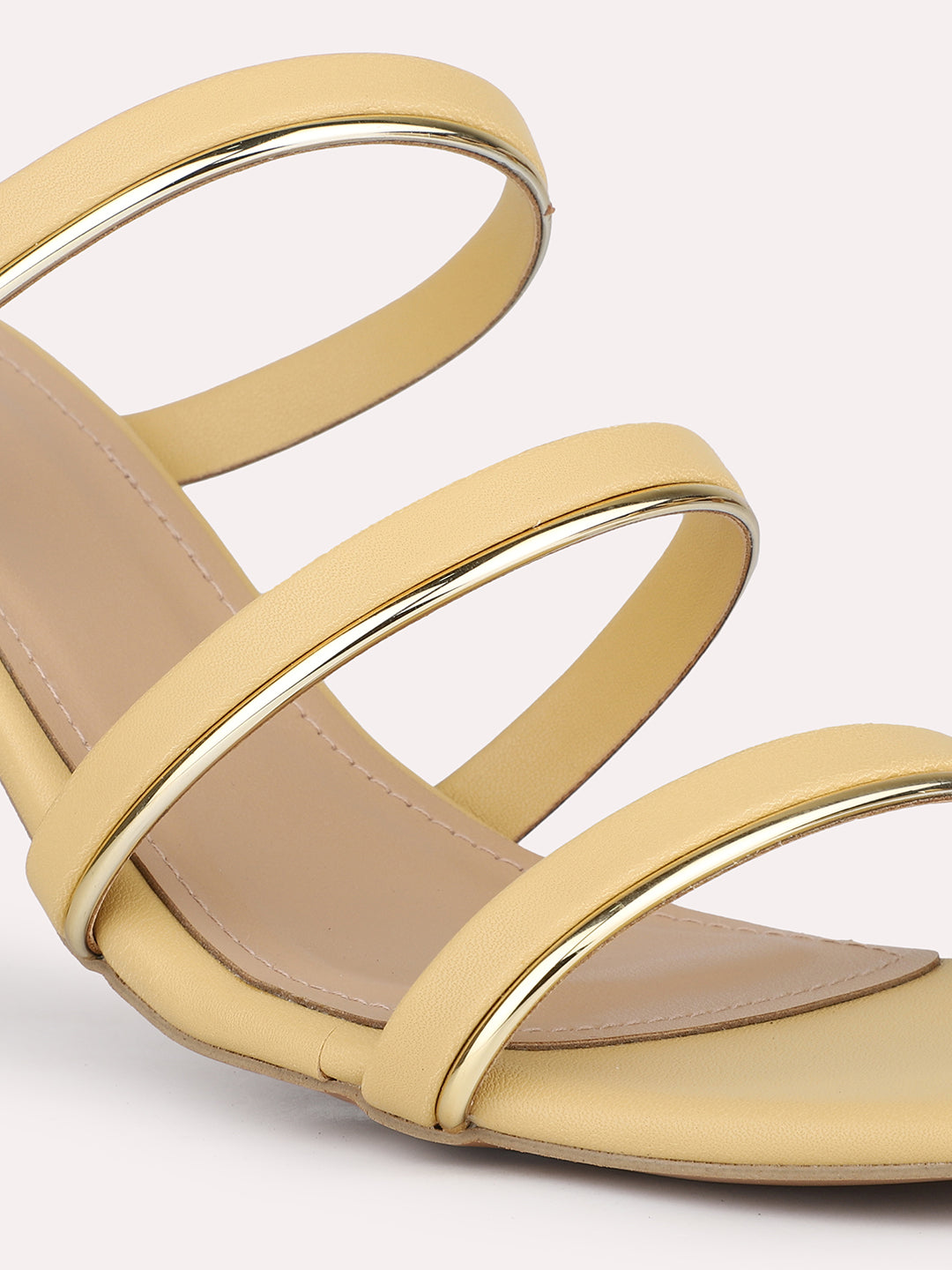 Women Yellow & Gold-Toned Striped Open Toe Block Heels