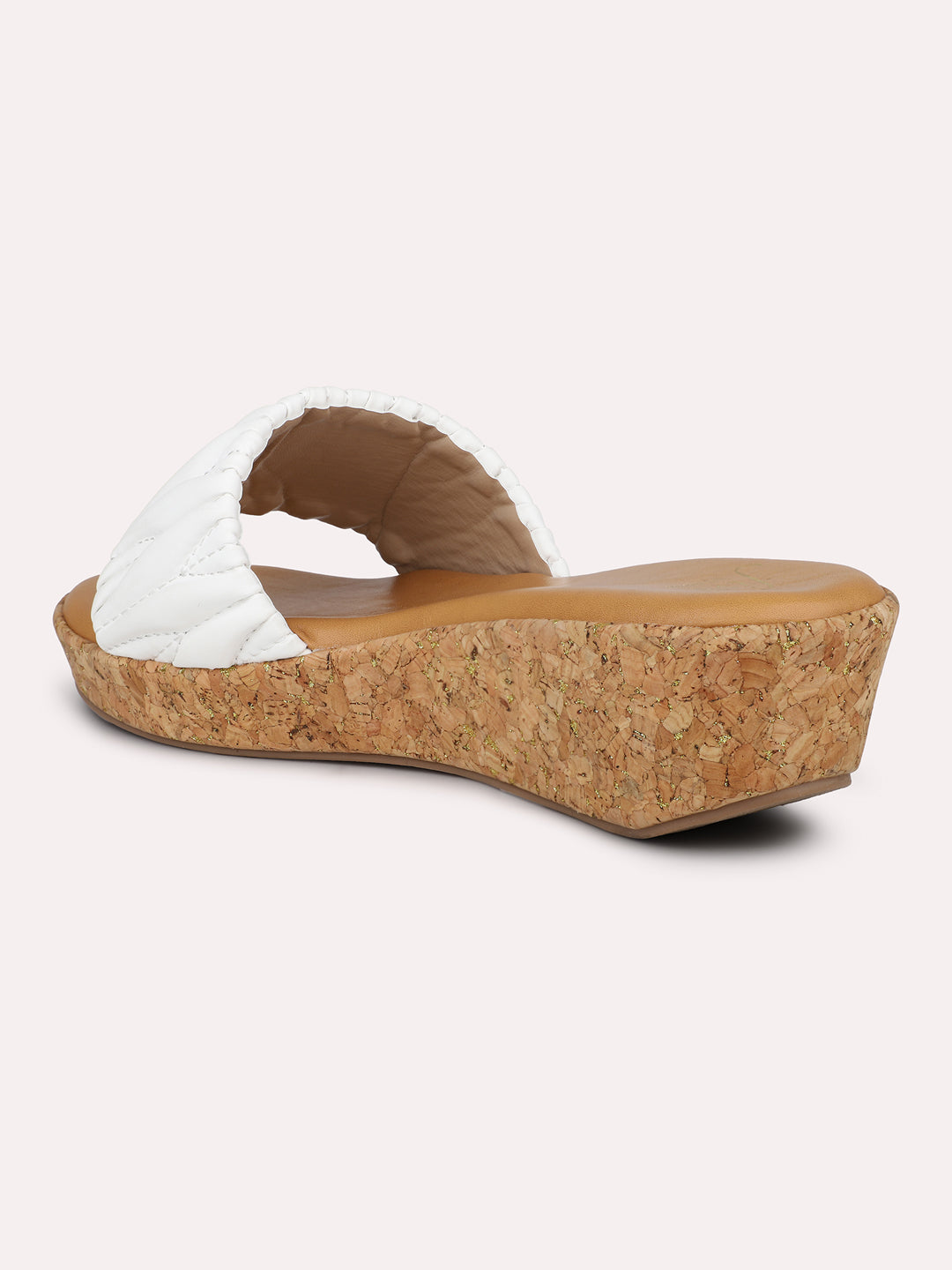 Women White Textured Open Toe Cork Finish Wedge Heels