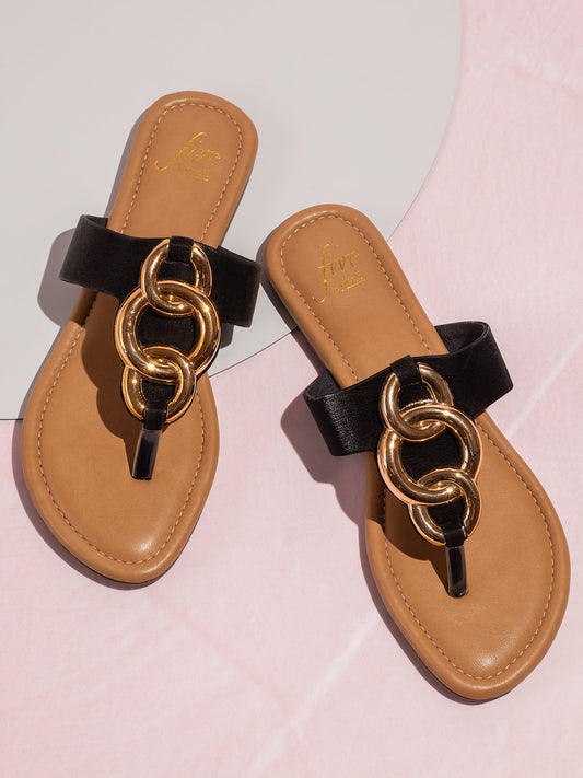 Women Black And Gold-Toned T-Strap Flats With Buckles