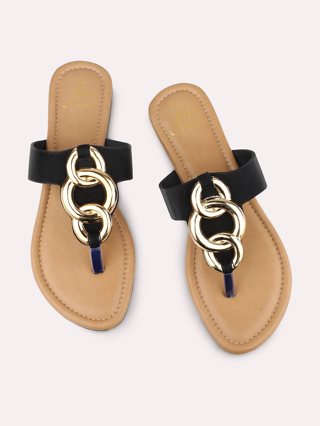 Women Black And Gold-Toned T-Strap Flats With Buckles