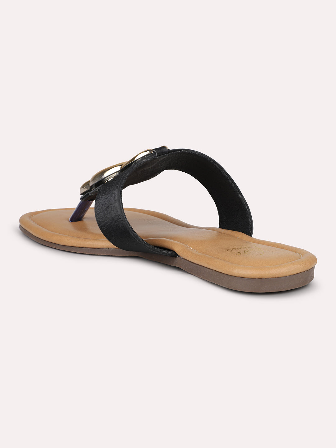 Women Black And Gold-Toned T-Strap Flats With Buckles