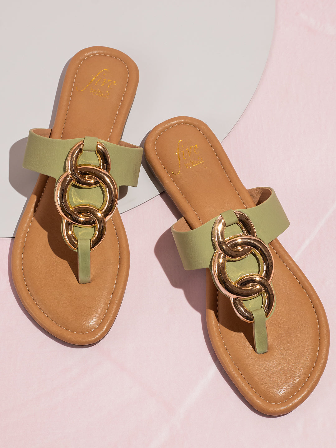 Women Green And Gold-Toned T-Strap Flats With Buckles