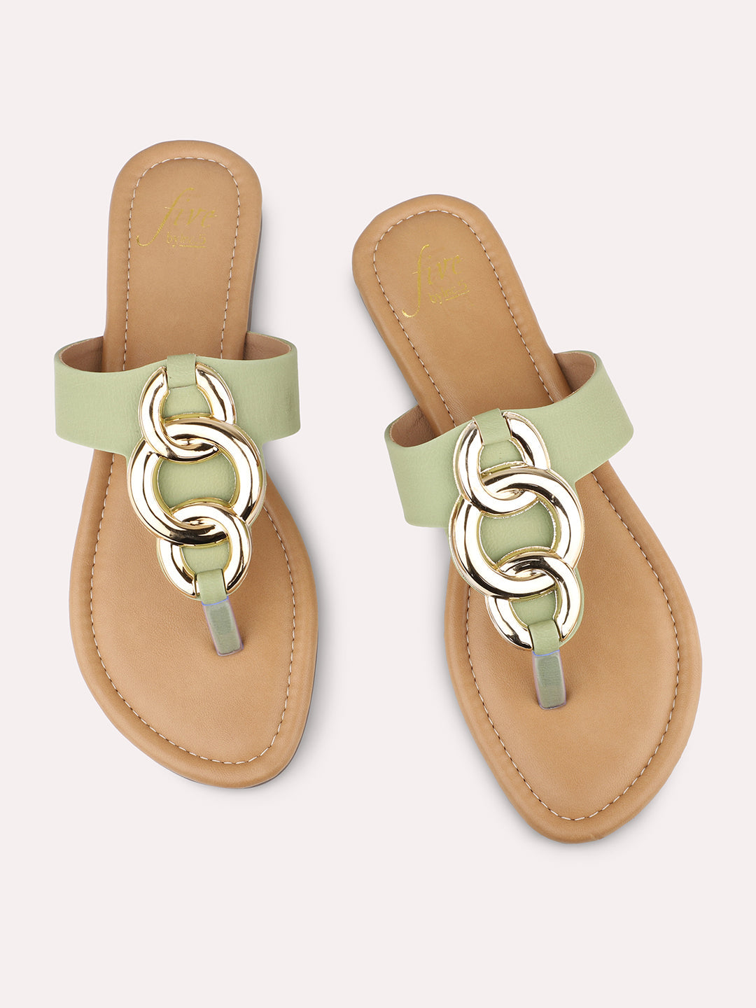 Women Green And Gold-Toned T-Strap Flats With Buckles
