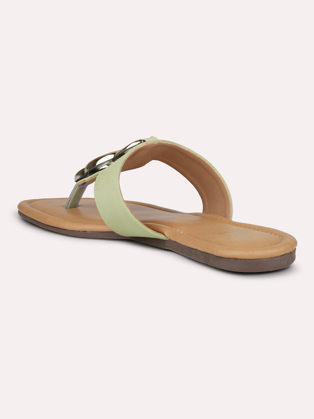 Women Green And Gold-Toned T-Strap Flats With Buckles