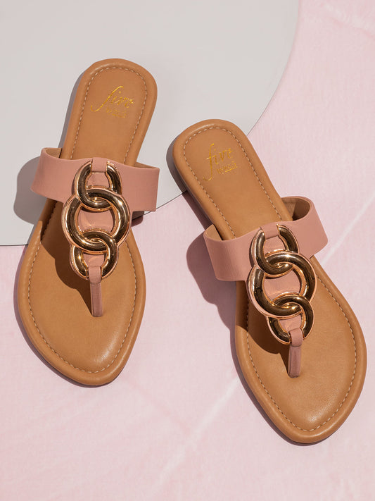 Women Peach And Gold-Toned T-Strap Flats With Buckles
