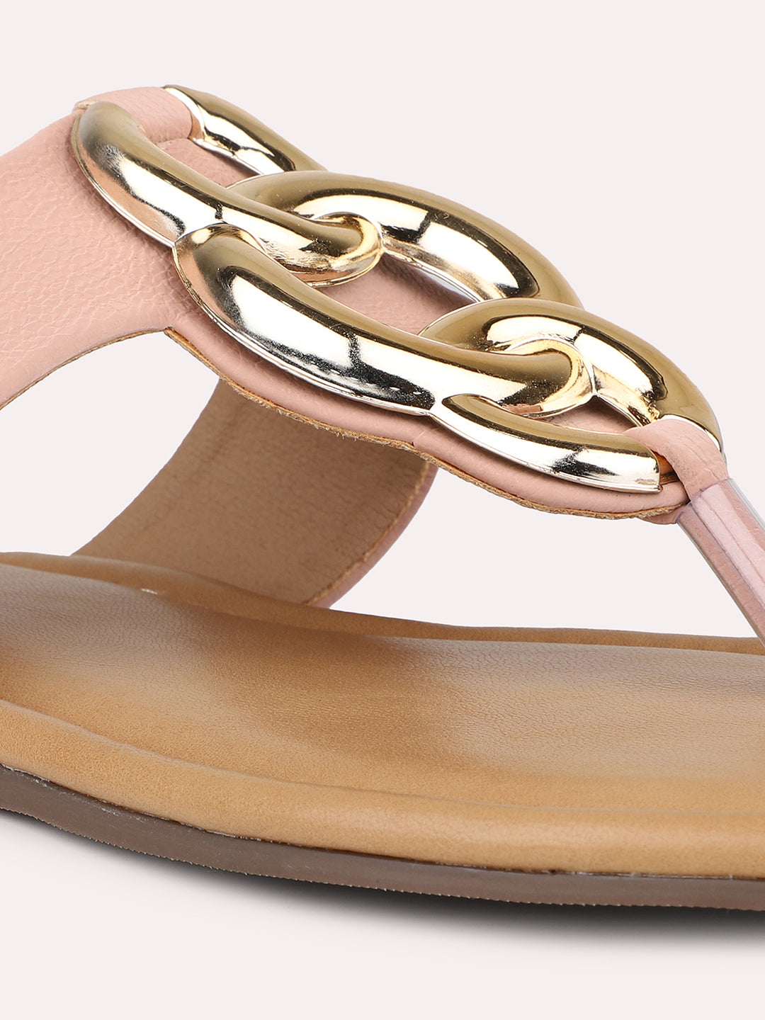 Women Peach And Gold-Toned T-Strap Flats With Buckles